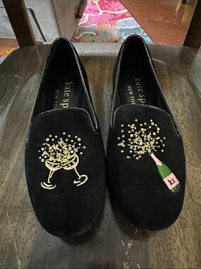 kate spade black suede loafers with celebratory embroidery - Size 7.5